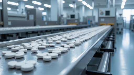 大型制药企业生产车间内部,现代化生产线设备整齐排列,工人正在操作控制面板,自动化程度高